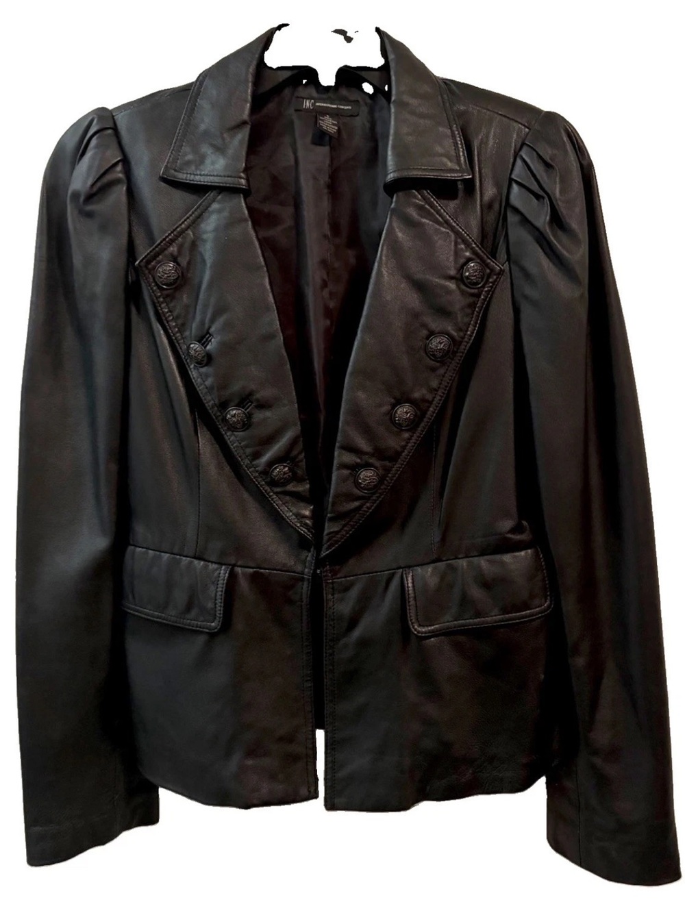 INC International Concepts Black Double-Breasted Leather Military Jacket